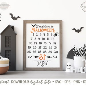 May include: A printable Halloween countdown sign with a black spider and a spiderweb. The sign features the numbers 1 through 31, with 31 highlighted in orange. The text "Countdown to Halloween" is written in orange and black.