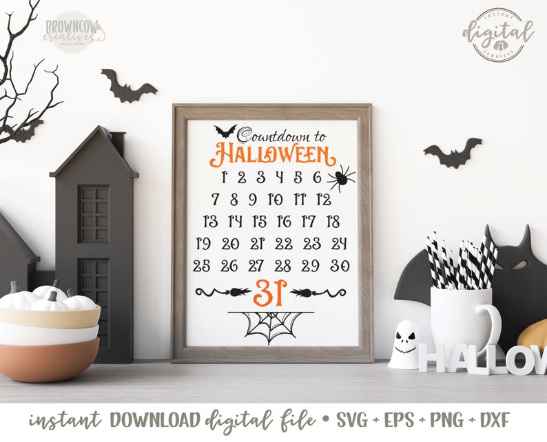 May include: A printable Halloween countdown sign with a black spider and a spiderweb. The sign features the numbers 1 through 31, with 31 highlighted in orange. The text "Countdown to Halloween" is written in orange and black.