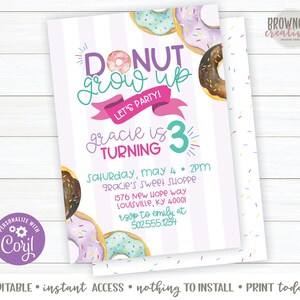 Donut Birthday Invitation, Donut Grow Up, Any Age Birthday Invitation, Donut Party Invitation, Editable, Instant