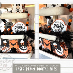 Halloween Coffee Tiered Tray Decor Laser Cut Files, Coffee Halloween Tiered Tray SVG Bundle,