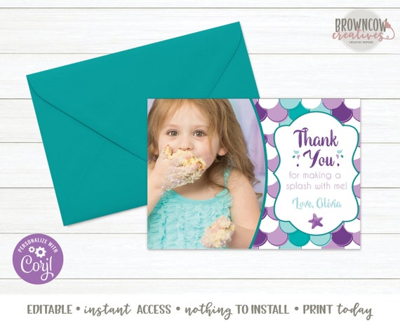 Mermaid Birthday Thank You Note with Photo, Mermaid Thank You Card, Instant Download, Editable Thank You Note, Corjl Il_570xn
