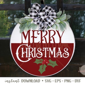 May include: A round door hanger in white and red with the text "Merry Christmas" in white lettering. The top of the hanger is decorated with a black and white checked bow and green leaves.