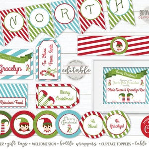 Può includere: Decorazioni per feste di Natale stampabili con tema Colazione al Polo Nord con illustrazioni di elfi, motivi a strisce rosse e verdi e il testo "Buon Natale!" e "Benvenuti alla Colazione al Polo Nord in onore di Olivia Reese e Gracelyn Rae".