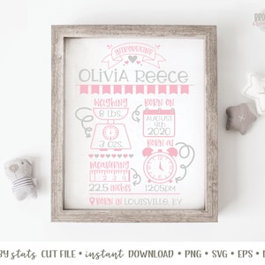 Baby Stats SVG File, Baby Stats Announcement Cut File, Girl Birth Announcement SVG, Baby Stats Template, Baby Girl Announcement SVG Cut File