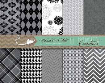 May include: A set of 10 digital paper patterns in black and white. The patterns include a damask, plaid, houndstooth, chevron, and geometric designs. The text "Black & White" and "Browncow Creatives" is included in the image.