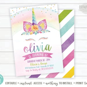 Unicorn verjaardagsuitnodiging, magische verjaardagsuitnodiging, Unicorn uitnodiging, magische Unicorn Party, bewerkbaar, Instant