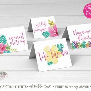 Puede incluir: Cuatro tarjetas de mesa imprimibles con dise&ntilde;os florales tropicales y texto. Las tarjetas dicen "Coconut Shrimp", "Grilled Pineapple", "Tiki Treats" y "Hawaiian Punch".