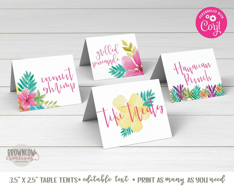 Puede incluir: Cuatro tarjetas de mesa imprimibles con dise&ntilde;os florales tropicales y texto. Las tarjetas dicen "Coconut Shrimp", "Grilled Pineapple", "Tiki Treats" y "Hawaiian Punch".