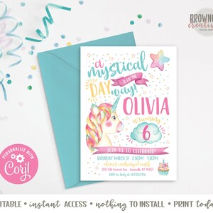 Unicorn Birthday Invitation, Printable Unicorn Party Invite, Magical Celebration, Magical Unicorn Birthday, Instant, Corjl