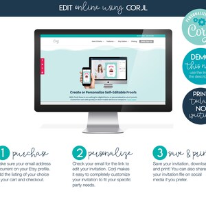 Pode incluir: Um monitor de computador exibe um site com o texto "Create or Personalize Self-Editable Proofs". A imagem tamb&eacute;m mostra um smartphone exibindo o mesmo conte&uacute;do. Instru&ccedil;&otilde;es s&atilde;o fornecidas para comprar, personalizar e imprimir convites. O texto "EDIT online using CORJL" est&aacute; no topo.