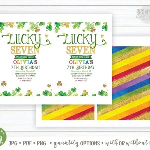 May include: Printable invitation for a 7th birthday party with a lucky seven theme. The invitation features a green shamrock design and the text "Lucky Seven" in gold lettering. The invitation also includes the birthday girl's name, the date and time of the party, and the RSVP information.