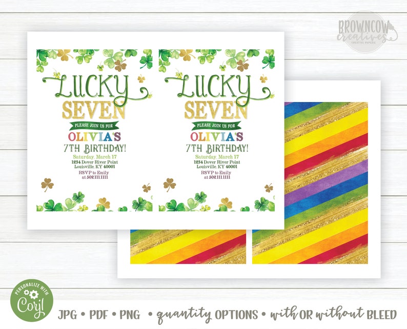 May include: Printable invitation for a 7th birthday party with a lucky seven theme. The invitation features a green shamrock design and the text "Lucky Seven" in gold lettering. The invitation also includes the birthday girl's name, the date and time of the party, and the RSVP information.