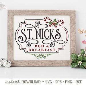 May include: A white sign with a red and green border and a red and green candy cane design. The sign says "St. Nicks Bed & Breakfast".