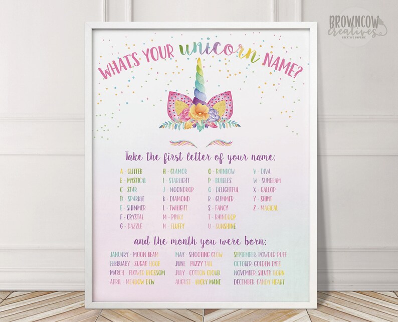 whats your unicorn name poster unicorn name sign etsy