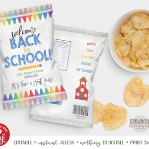 Sac à croustilles pour la rentrée scolaire, décoration pour gâteries de la rentrée scolaire, gâterie pour la première journée d'école, collation premier jour, modifiable, accès instantané