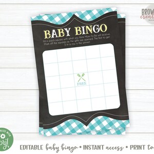 Pode incluir: Cart&atilde;o de jogo Baby Bingo com um design de quadro-negro preto, detalhes em xadrez turquesa e o texto "Baby Bingo". O cart&atilde;o inclui uma grade para marcar presentes, com a palavra "FREE" e utens&iacute;lios cruzados. O cart&atilde;o &eacute; projetado para um ch&aacute; de beb&ecirc;.