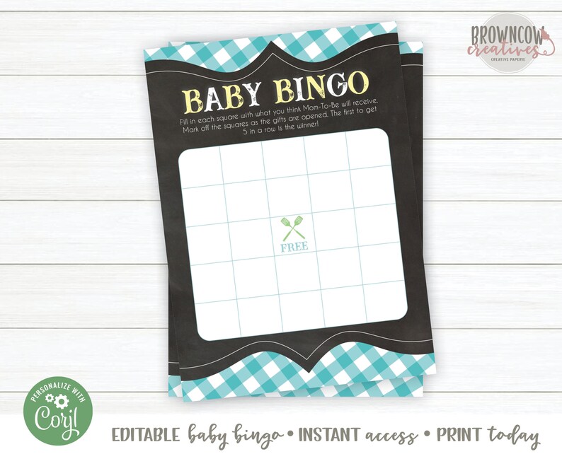 Pode incluir: Cart&atilde;o de jogo Baby Bingo com um design de quadro-negro preto, detalhes em xadrez turquesa e o texto "Baby Bingo". O cart&atilde;o inclui uma grade para marcar presentes, com a palavra "FREE" e utens&iacute;lios cruzados. O cart&atilde;o &eacute; projetado para um ch&aacute; de beb&ecirc;.