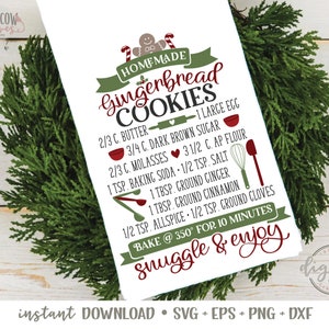 May include: A printable recipe card for gingerbread cookies with a red and green color scheme. The recipe includes ingredients like butter, dark brown sugar, molasses, and spices. The text reads "Homemade Gingerbread Cookies" and "Bake @ 350&deg; for 10 minutes, snuggle & enjoy".