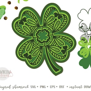 May include: A 3D layered shamrock design with intricate details. The shamrock is green and has a layered effect, creating a dimensional look. The design is perfect for crafting and decorating for St. Patrick's Day.