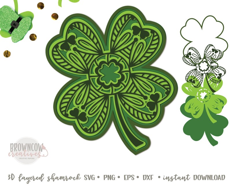 May include: A 3D layered shamrock design with intricate details. The shamrock is green and has a layered effect, creating a dimensional look. The design is perfect for crafting and decorating for St. Patrick's Day.