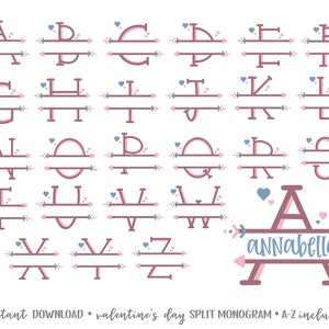 May include: A collection of split monogram letters in a soft pink and mauve color scheme, each with a horizontal line and arrow details. The letters A through Z are displayed, along with a sample monogram with the name "Annabella".