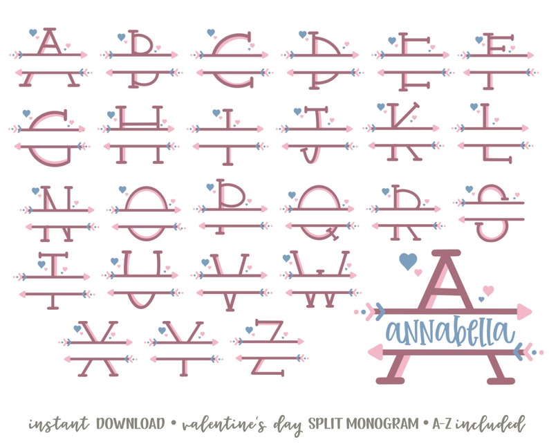 May include: A collection of split monogram letters in a soft pink and mauve color scheme, each with a horizontal line and arrow details. The letters A through Z are displayed, along with a sample monogram with the name "Annabella".