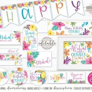 May include: Printable party decorations with a tropical theme. The decorations feature colorful flowers, a toucan, and the text "Aloha!" and "Happy Birthday Olivia!"