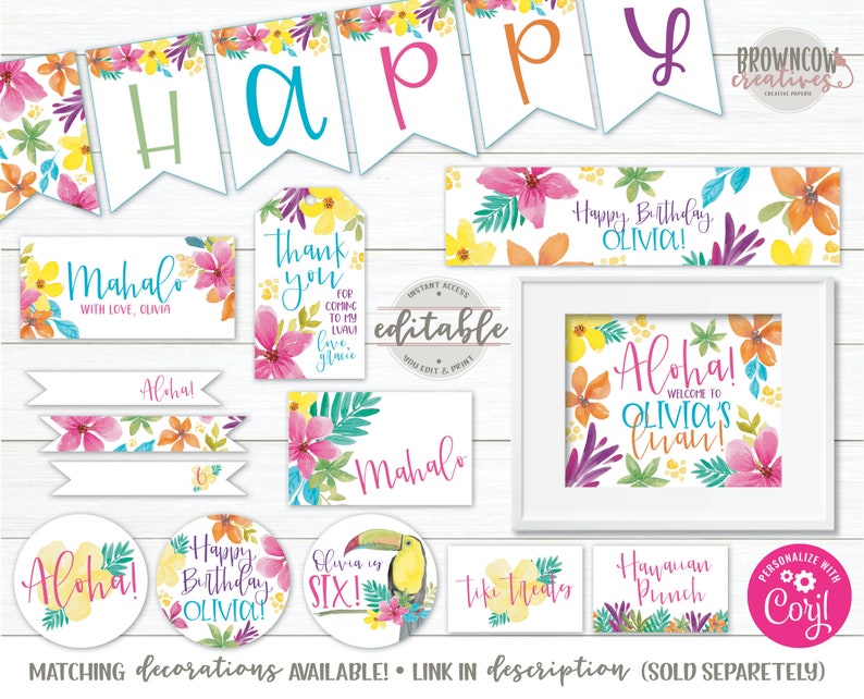 May include: Printable party decorations with a tropical theme. The decorations feature colorful flowers, a toucan, and the text "Aloha!" and "Happy Birthday Olivia!"