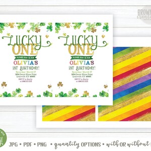 May include: A printable invitation for a first birthday party with a lucky theme. The invitation features a green shamrock design with gold glitter accents and the text "Lucky One" in gold lettering. The invitation also includes the name "Olivia's" and the date and time of the party.