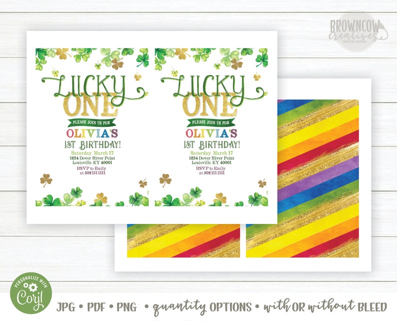 May include: A printable invitation for a first birthday party with a lucky theme. The invitation features a green shamrock design with gold glitter accents and the text "Lucky One" in gold lettering. The invitation also includes the name "Olivia's" and the date and time of the party.