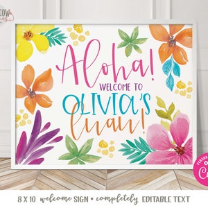 Puede incluir: Un cartel de bienvenida con tem&aacute;tica tropical. El cartel presenta un dise&ntilde;o floral de acuarela con flores rosas, naranjas, amarillas y verdes. El texto en el cartel dice "&iexcl;Aloha! &iexcl;Bienvenido al Luau de Olivia!"