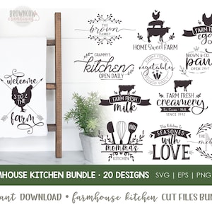 May include: A set of 20 farmhouse kitchen SVG cut files. The designs include text and images of chickens, milk, vegetables, and more. The text includes phrases like "Farm Fresh Eggs", "Welcome to the Farm", and "Momma's Kitchen".