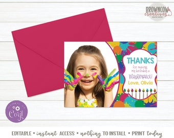 Art Party Birthday Thank You Note with Photo, Painting Birthday Thank You Card, Instant Download, Editable Thank You Note, Corjl