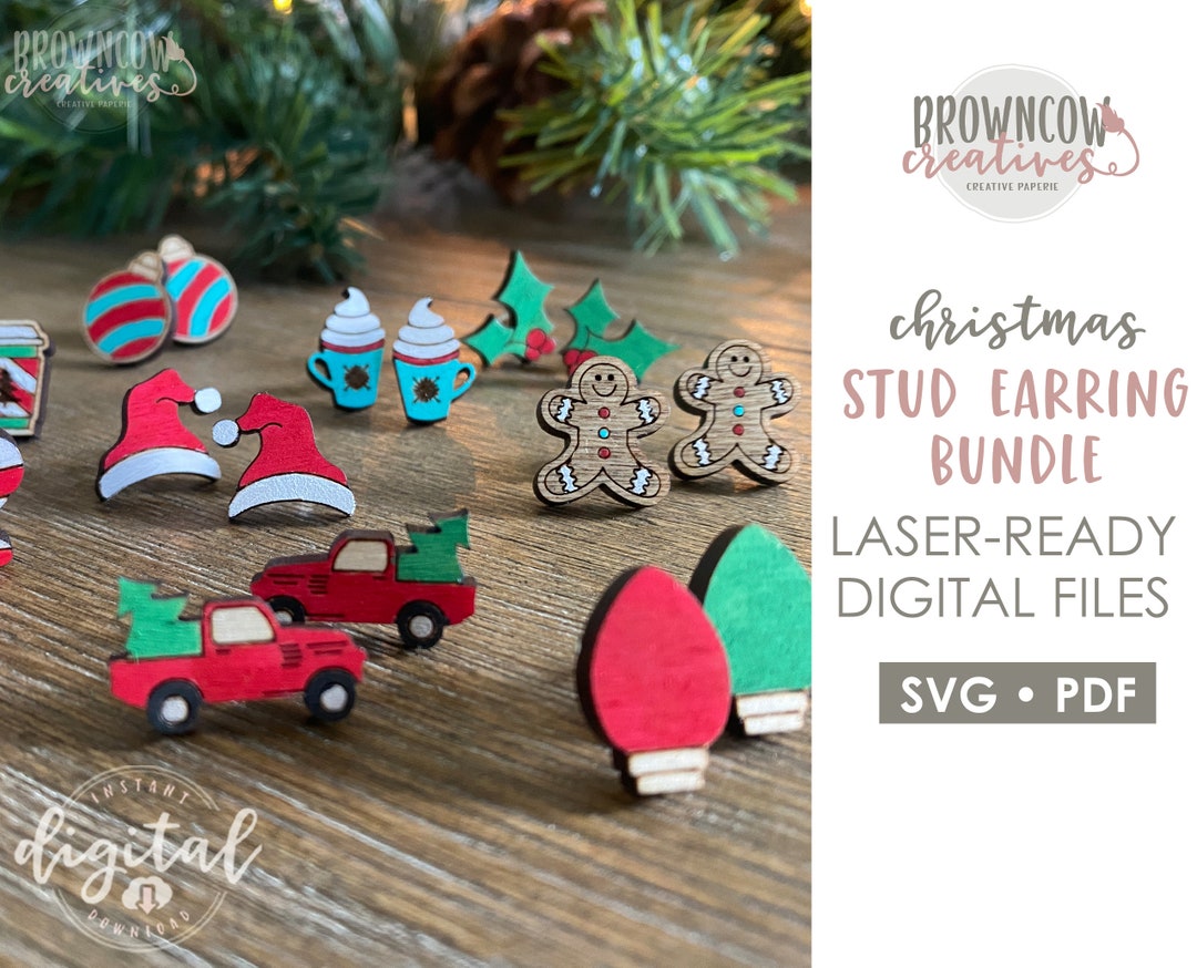 Christmas Stud Earrings Lasercut Bundle, Christmas Stud Earrings SVG