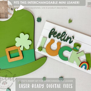 Puede incluir: Proyecto de artesanía de madera cortado con láser para el Día de San Patricio. El diseño presenta un sombrero de duende verde, una herradura y las palabras "feelin' lucky".