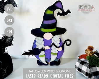 Arquivo de corte a laser de gnomo de bruxa de Halloween: SVG em camadas, PDF, DXF (download digital)