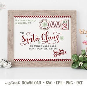 May include: A printable digital download of a Christmas letter to Santa Claus. The letter is in the style of a vintage postcard with red and white stripes, a red stamp, and a green snowflake. The text reads "The Brown Family, Louisville, KY" and "To: Santa Claus, 25 Candy Cane Lane, North Pole, AK 12250".