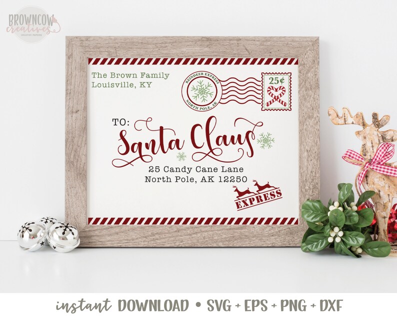 May include: A printable digital download of a Christmas letter to Santa Claus. The letter is in the style of a vintage postcard with red and white stripes, a red stamp, and a green snowflake. The text reads "The Brown Family, Louisville, KY" and "To: Santa Claus, 25 Candy Cane Lane, North Pole, AK 12250".