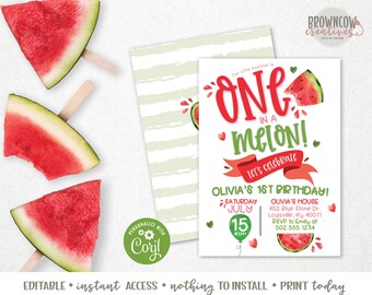 One in a Melon Invitation, One in a Melon 1st Birthday Invitation, Watermelon Invitation, Summer Invitation, First Birthday, 1st Birthday