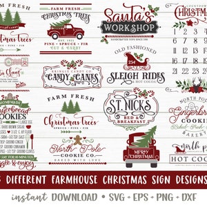 May include: A set of 15 farmhouse Christmas sign designs in red, green, and white. The signs feature various Christmas themes, including Santa's Workshop, gingerbread cookies, Christmas trees, and hot cocoa. The signs are perfect for adding a festive touch to your home decor.