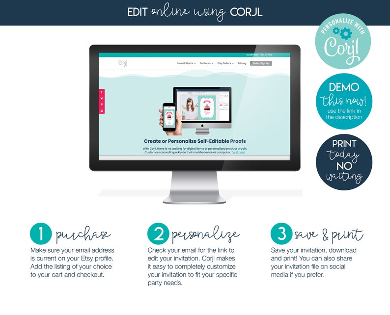 Puede incluir: Una pantalla de ordenador que muestra la p&aacute;gina web de Corjl, que permite a los usuarios crear y personalizar pruebas autoeditables. El texto "EDIT online using CORJL" se muestra en la parte superior de la pantalla. El texto "Create or Personalise Self-Editable Proofs" se muestra en el centro de la pantalla. El texto "DEMO this now! use the link in the description" se muestra en un c&iacute;rculo azul en el lado derecho de la pantalla. El texto "PRINT today NO waiting" se muestra en un c&iacute;rculo azul debajo del primer c&iacute;rculo azul. Tres pasos se enumeran debajo de la pantalla del ordenador: 1. compra, 2. personalizaci&oacute;n y 3. guardar e imprimir.