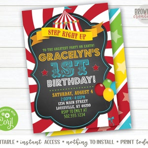 Editable Carnival Birthday Invitation, 1st Birthday Invitation, Circus Birthday Invitation, Instant