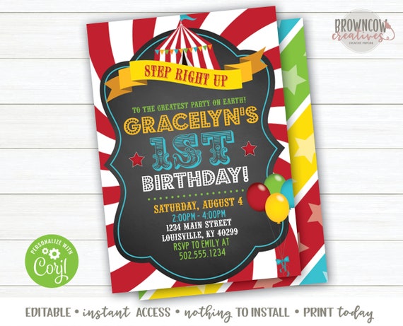 Editable Carnival Birthday Invitation, 1st Birthday Invitation, Circus Birthday Invitation, Instant Il_570xn