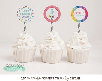 Art Party Cupcake Toppers, Editable Painting Party Circles (PDF)