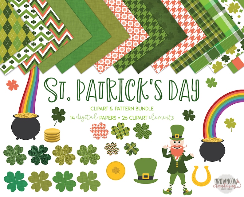May include: A digital clipart and paper bundle for St. Patrick's Day featuring 14 digital papers and 26 clipart elements. The clipart includes a leprechaun, a pot of gold, a rainbow, and shamrocks. The papers feature various green and white patterns.