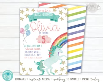 Rainbow Unicorn Birthday Invitation, Editable Party Invite, Editable template