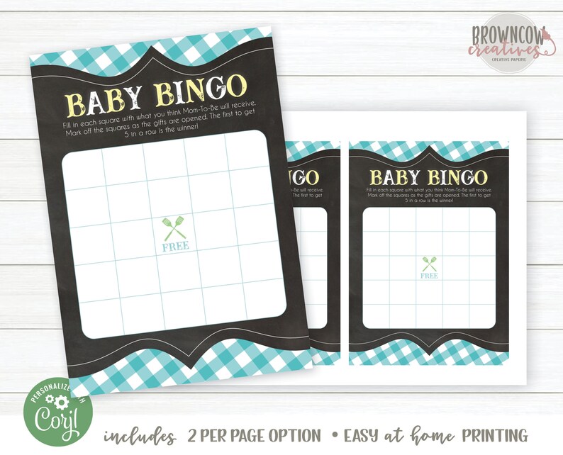 Pode incluir: Cart&otilde;es de jogo Baby Bingo com um design em estilo quadro-negro. Os cart&otilde;es apresentam uma borda xadrez azul-turquesa e branca e o texto "Baby Bingo". Os cart&otilde;es incluem uma grade e a palavra "FREE".