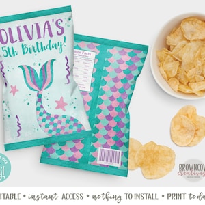 Mermaid Chip Bags, Mermaid Birthday Favors, Mermaid Chip Bag Favors, Editable, Instant Access image 1