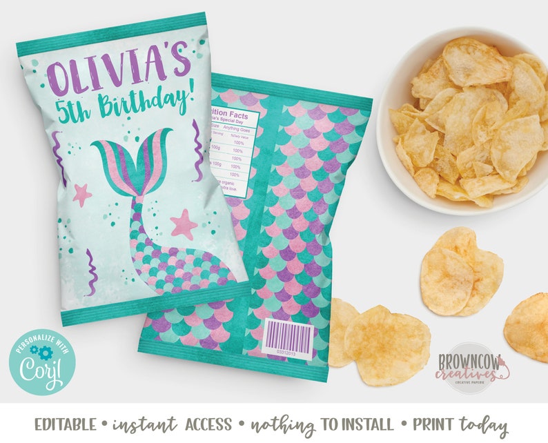 Mermaid Chip Bags, Mermaid Birthday Favors, Mermaid Chip Bag Favors, Editable, Instant Access image 1