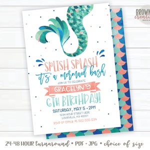 Splish Splash Mermaid Bash Invitation, Mermaid Invitation, Mermaid Birthday Invitation, Mermaid Kisses Starfish Wishes Invitation